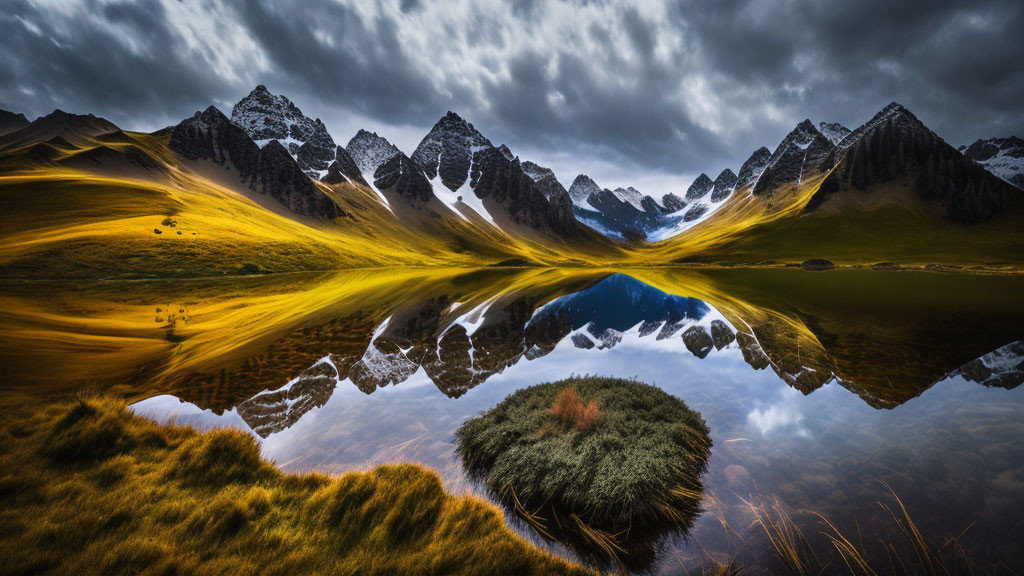 Dramatic Mountain Landscape with Reflective Lake and Moody Sky