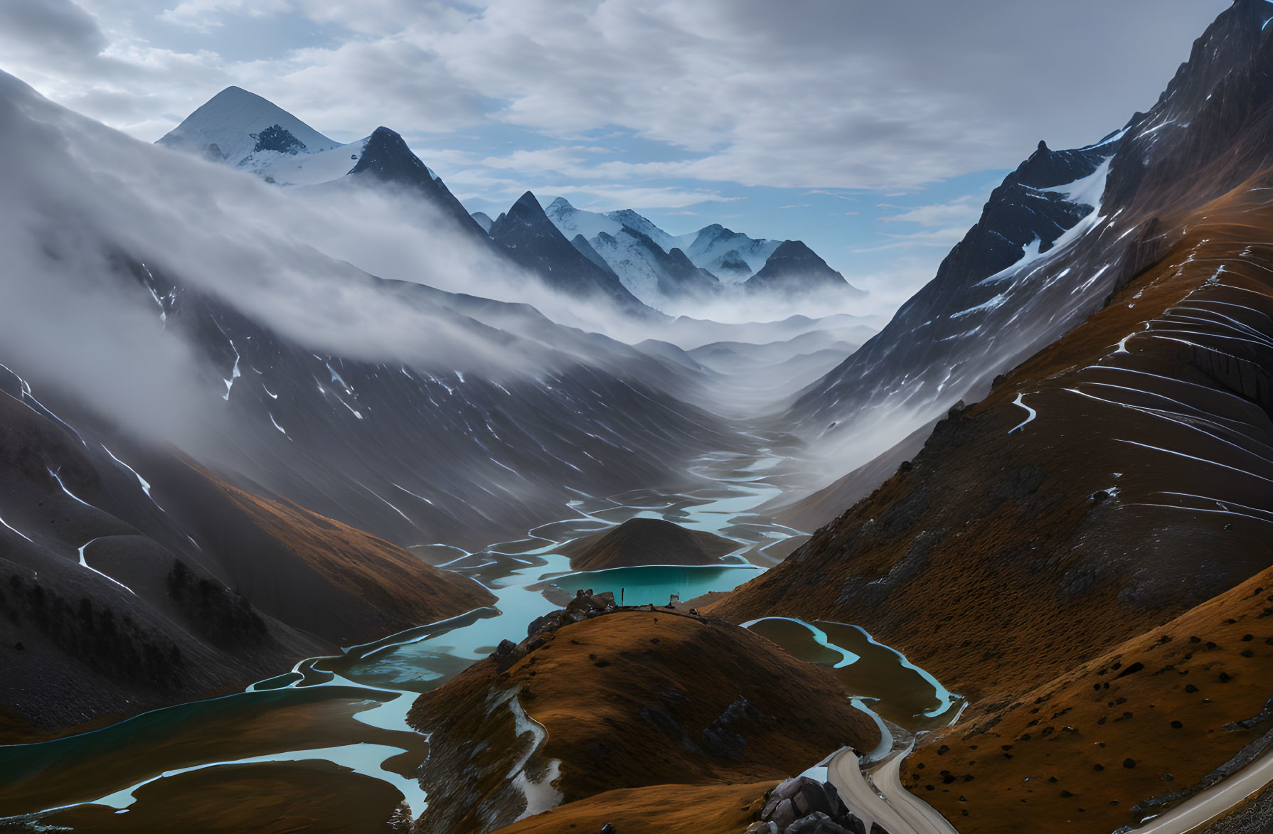 Majestic mountain landscape with winding river and mist-covered valley