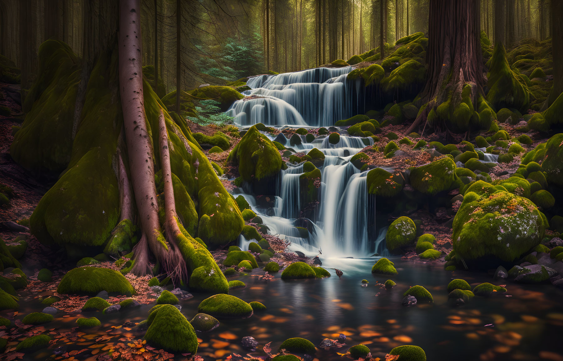 Water falls in forest