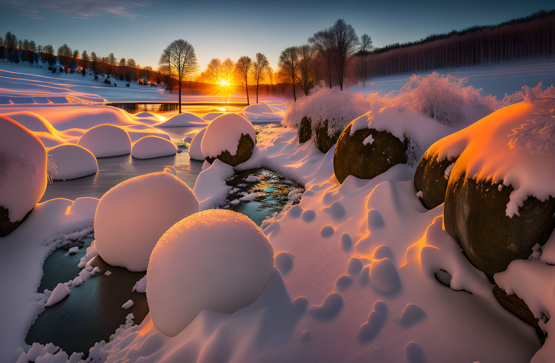 Golden winter sunset over snowy landscape with stream and bare trees