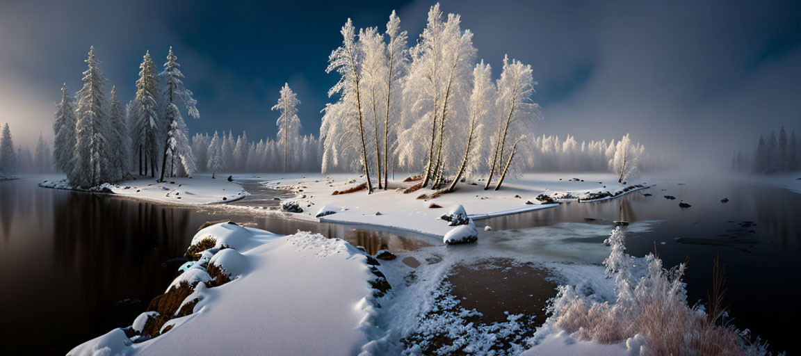 Snow-covered trees on island in river with dark water and sky, mist in background