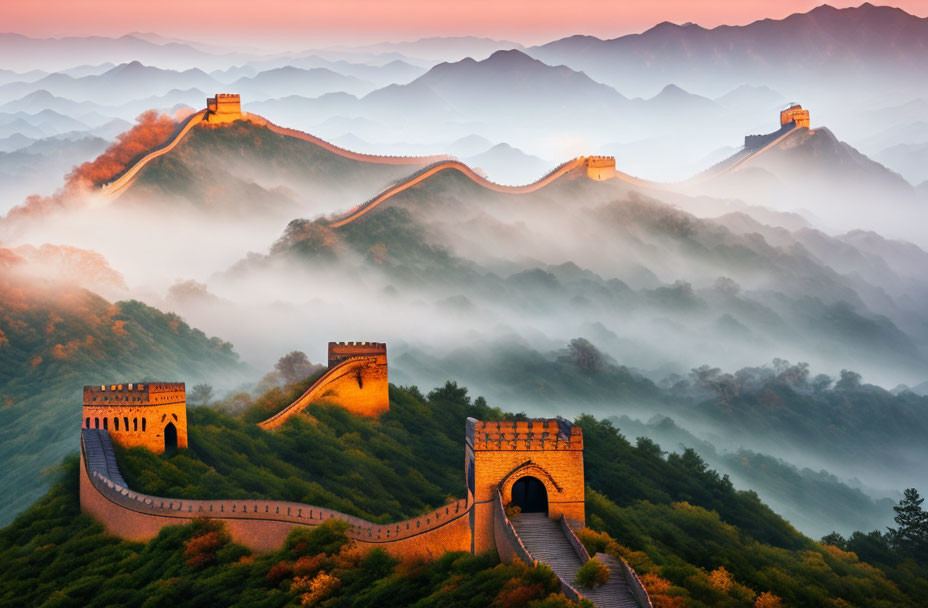 Majestic Great Wall of China winding through misty mountains at sunrise