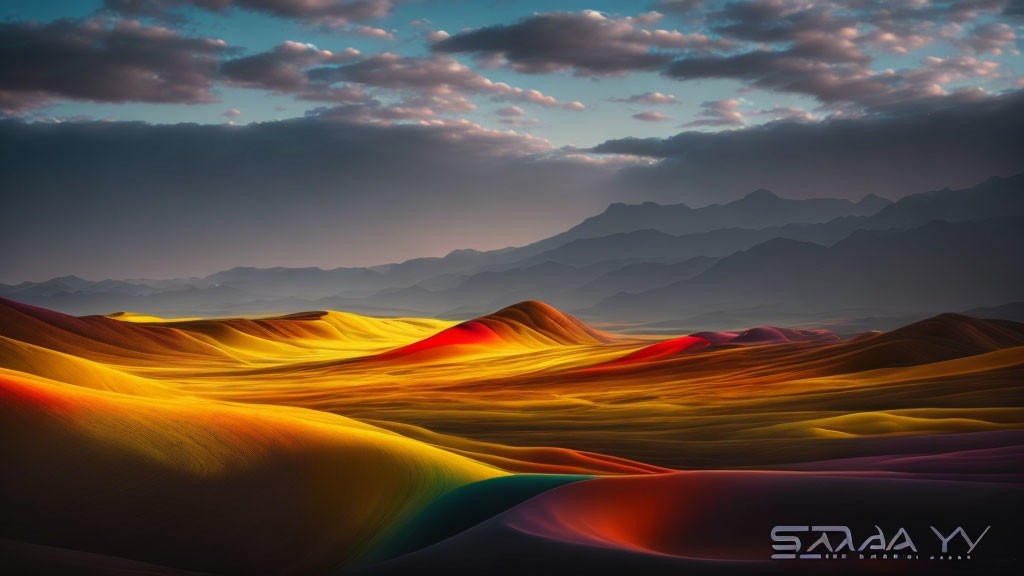 Vibrant Sand Dunes and Dark Silhouettes Against Dramatic Sky