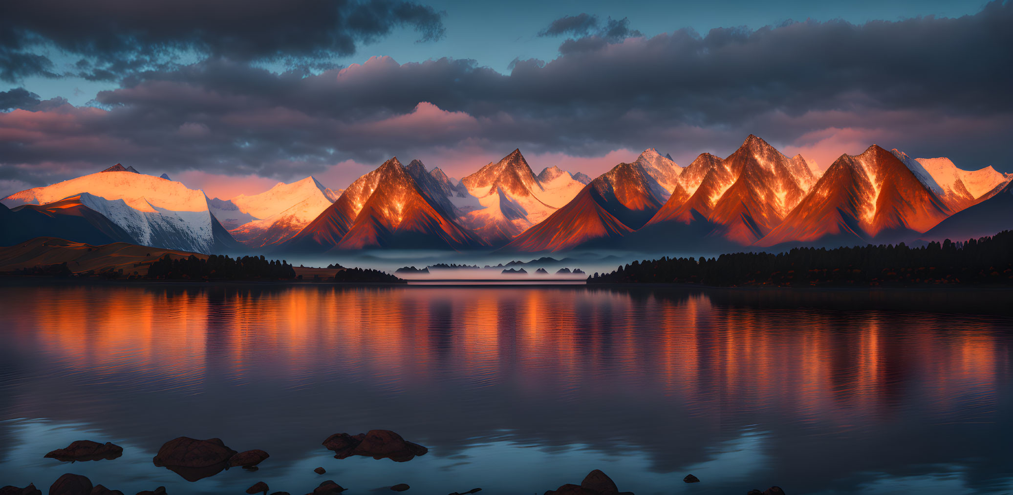 The sunset light on snow mountains