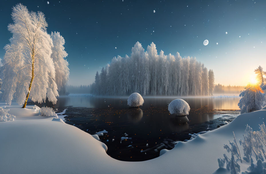 Snow-covered trees by river under twilight sky with stars and crescent moon at sunrise