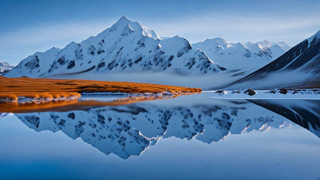 Snow-Capped Mountain Range Reflected in Pristine Lake with Golden Grass