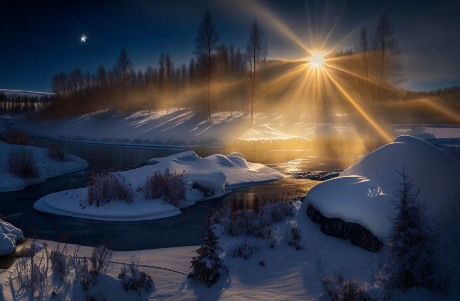 Sunburst Effect in Snowy Landscape with River and Twilight Sky