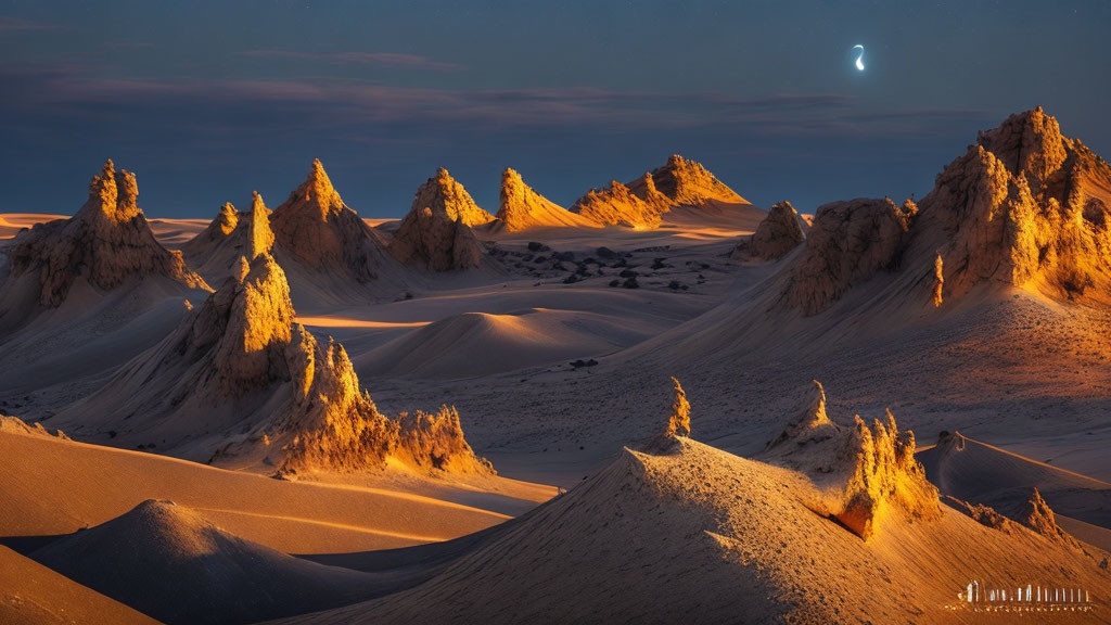 Twilight desert landscape with sandstone peaks under crescent moon