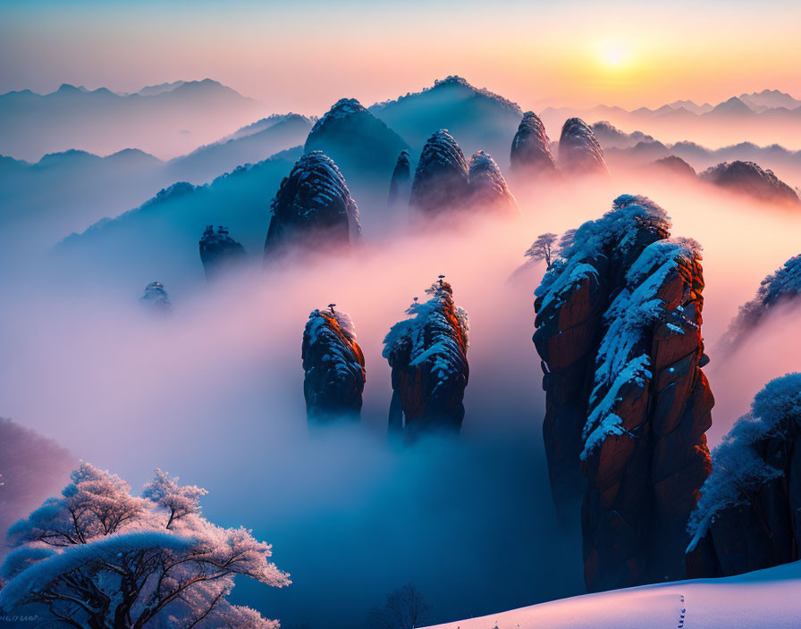 Majestic snow-covered mountain peaks at sunrise with misty valleys and tree silhouettes in orange