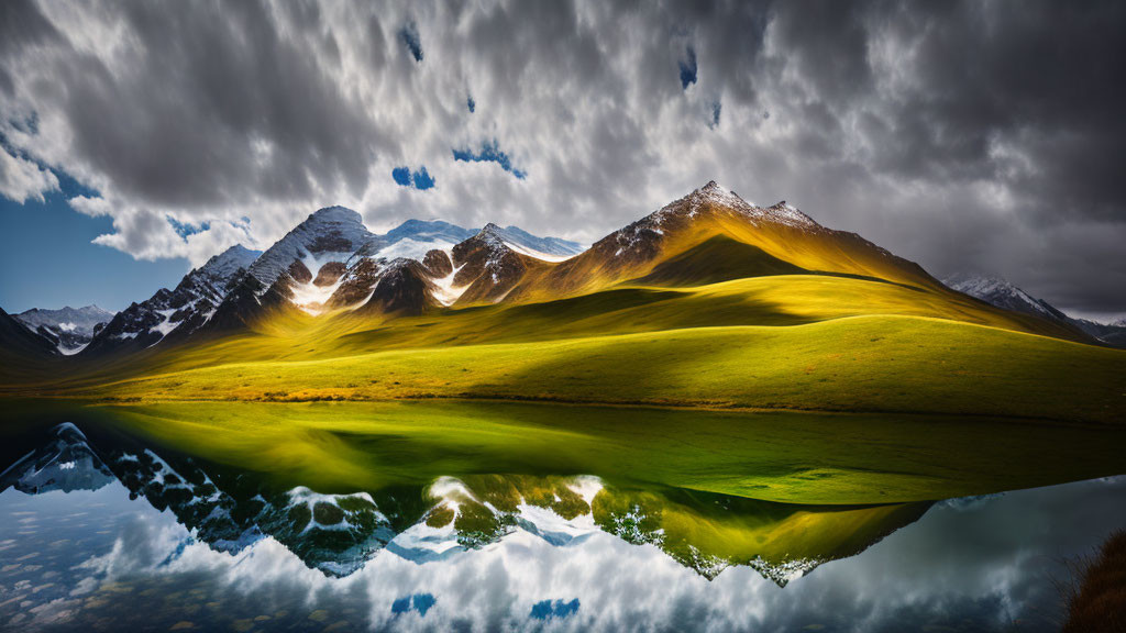 Serene mountain range reflected in calm lake under dramatic sky