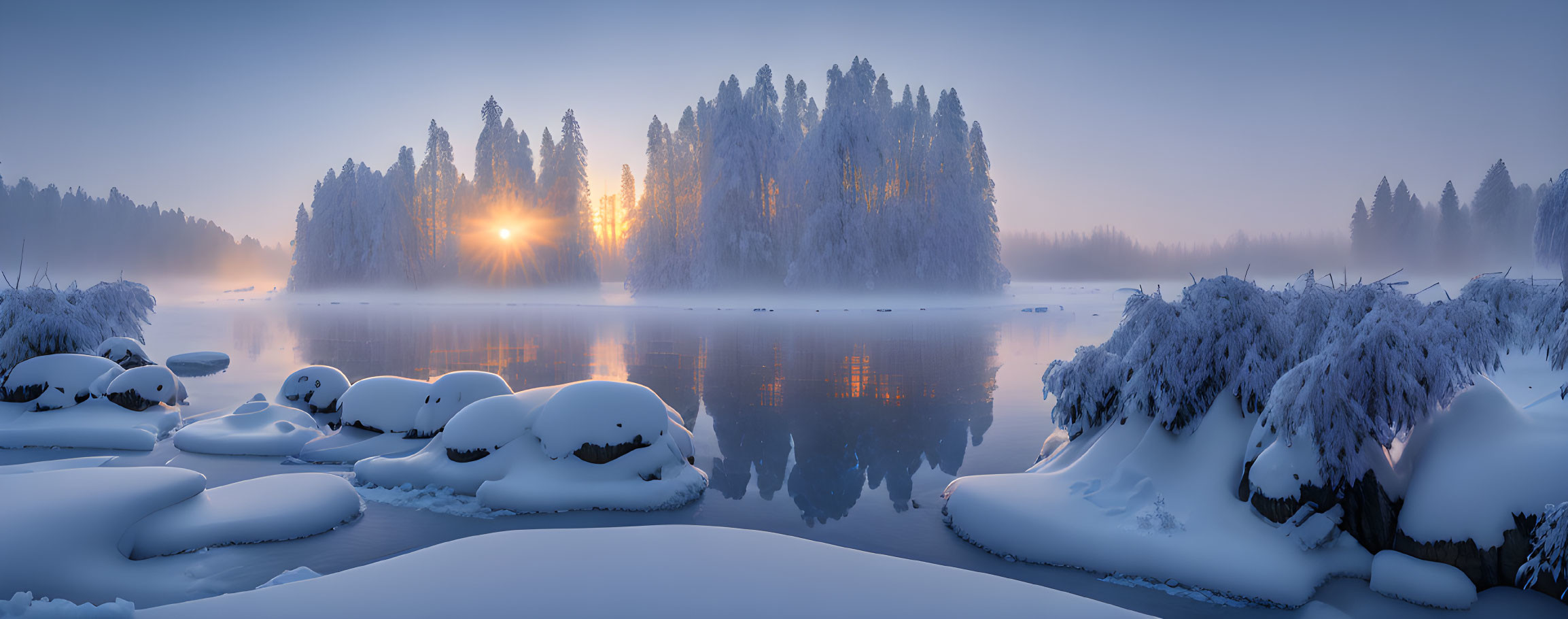 Sunrise on an unfrozen lake