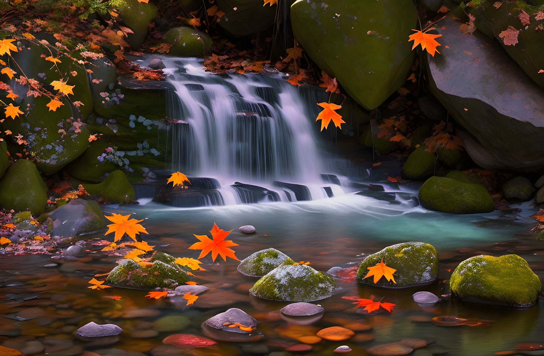 Maple leaves and tiny water falls