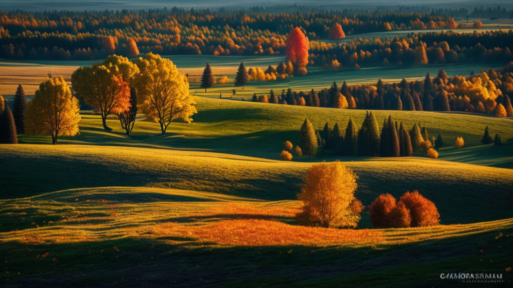Vibrant autumn landscape: rolling hills, yellow & orange trees, warm sunlight