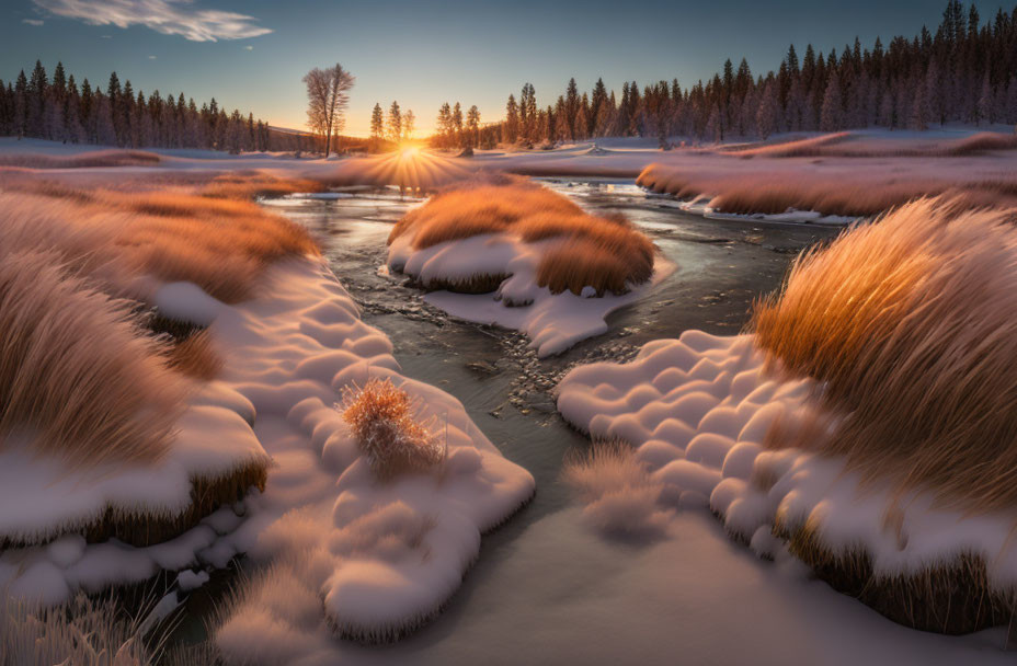 Winter sunset scene: snowy river landscape with forest and bushes