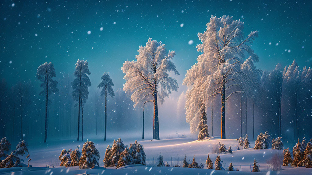 Snow-covered pine trees in tranquil winter twilight with gentle snowfall.