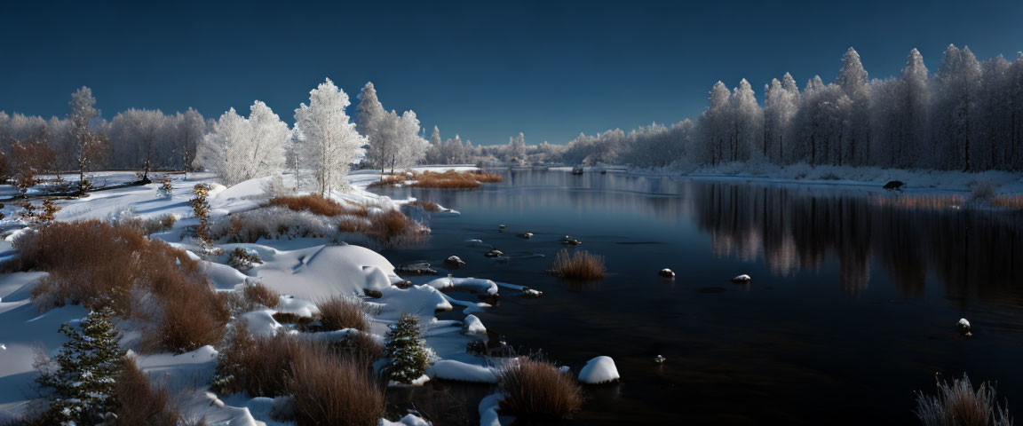 Tranquil winter river scene with snow-covered trees