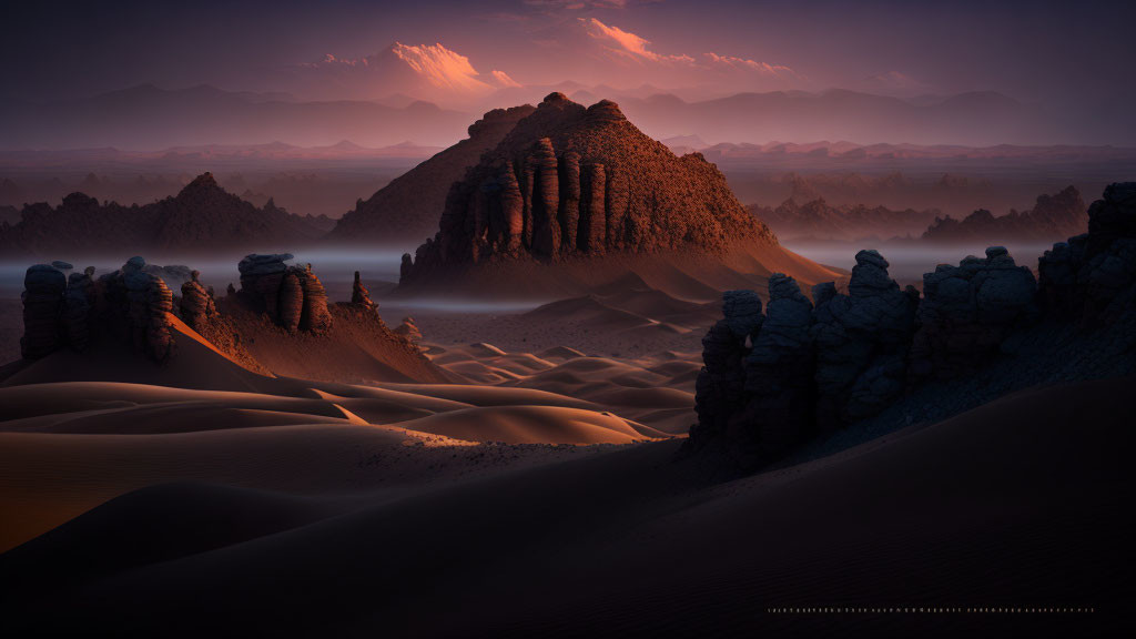 Twilight desert landscape with sand dunes, rock formations, and distant mountains
