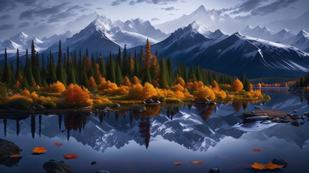 Tranquil autumn landscape with reflective lake and snow-capped mountains