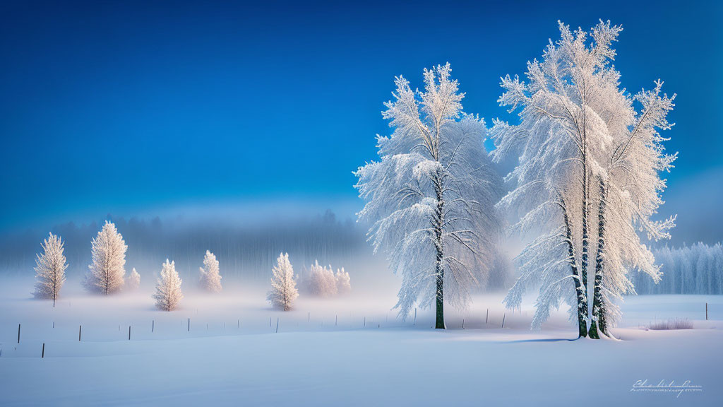 Tranquil winter landscape with snow-covered trees and soft blue glow