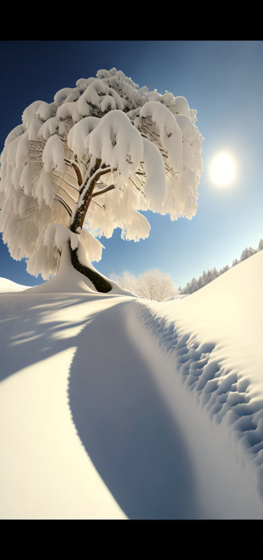 Snow-covered tree under clear blue sky with sun shadow on snowfield