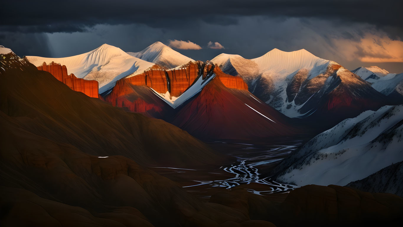 Snow-capped peaks and dark clouds in dramatic mountain landscape with winding river.