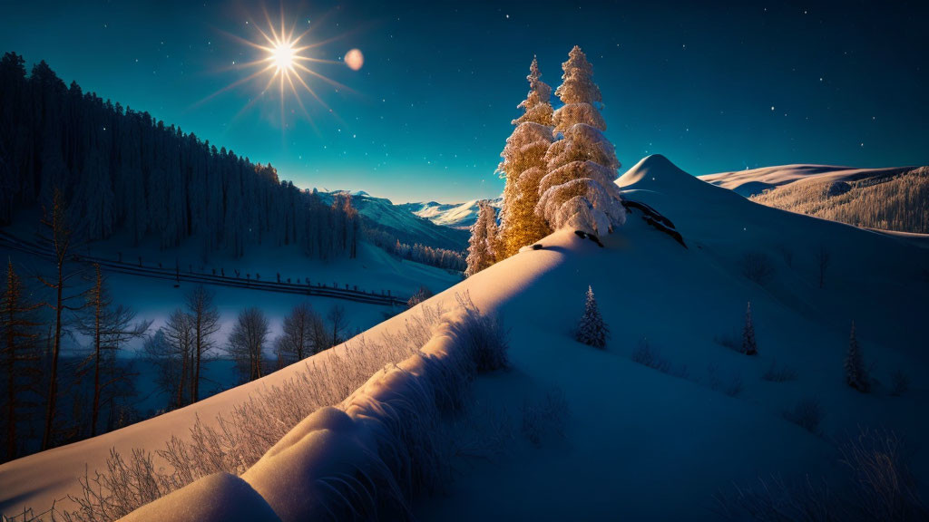 Snow-covered trees under starry sky in serene winter landscape