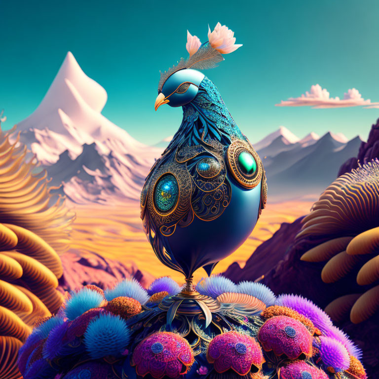 Stylized ornate peacock on vibrant flora with mountain backdrop