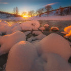 Winter sunset scene: snowy river landscape with forest and bushes