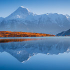 Snow-Capped Mountain Range Reflected in Pristine Lake with Golden Grass