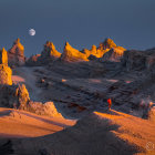 Twilight desert landscape with sandstone peaks under crescent moon