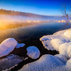 Serene winter landscape with misty river, snow-covered islets, glowing sunrise, and distant mountains