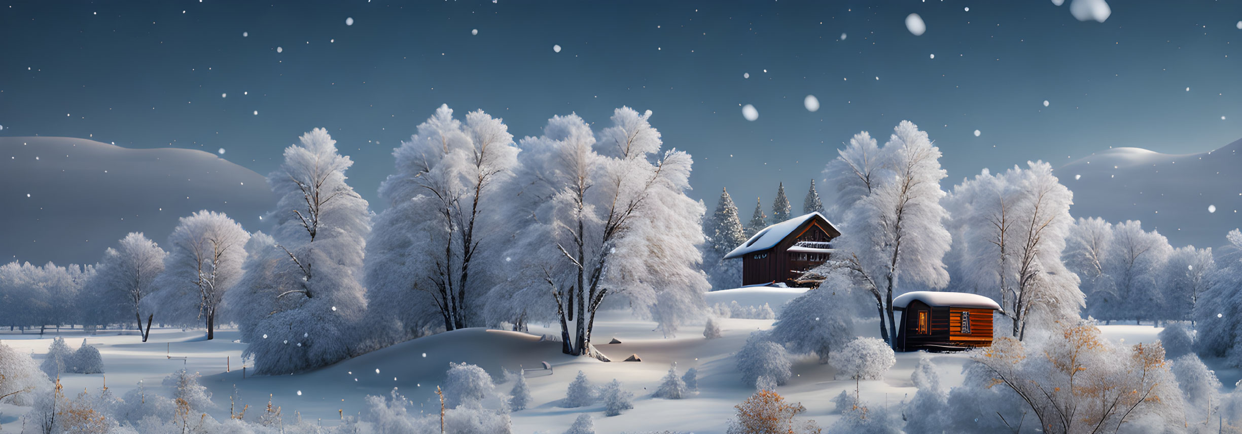 Snowy Winter Landscape with Cabin and Falling Snowflakes