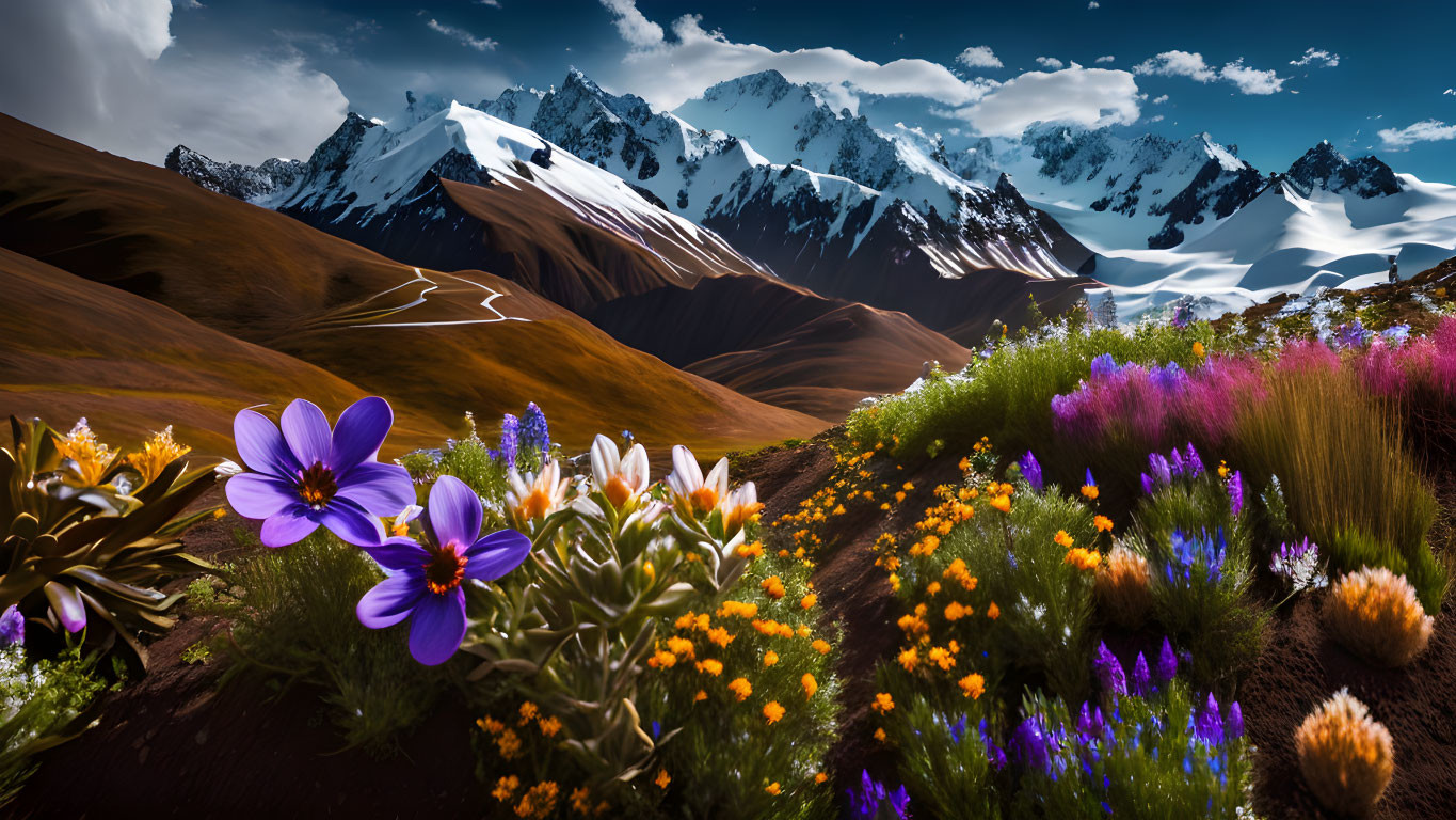 Colorful wildflowers, winding path, snow-capped mountains under blue sky