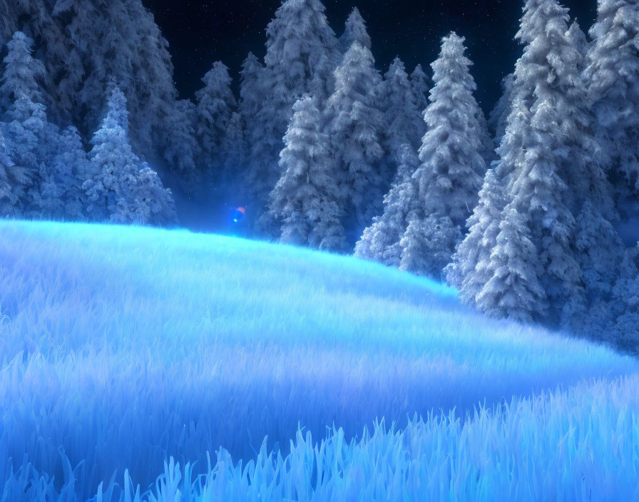 Snow-covered trees under starry sky with mysterious blue glow