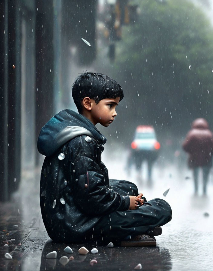 Pensive young boy in rainy street scene