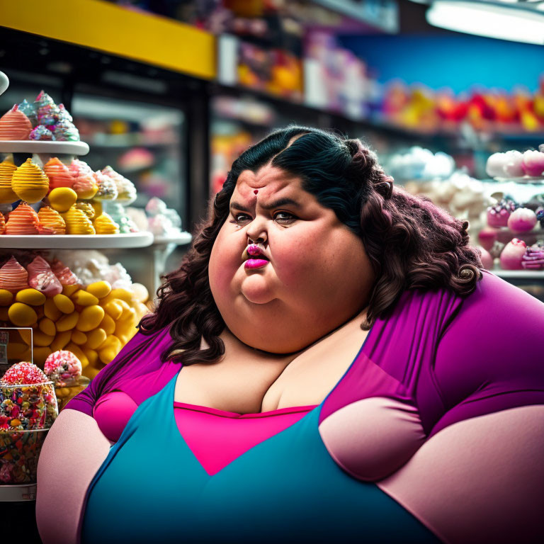Colorful Candy Store Scene: Woman with Skeptical Expression amid Vibrant Sweets