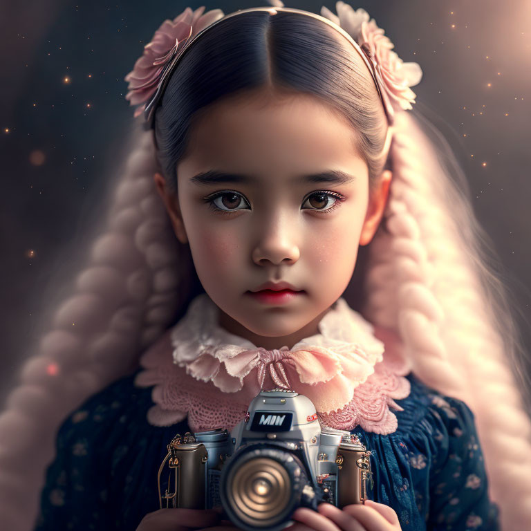 Young girl with camera and floral hair accessories in frilly blouse and blue dress