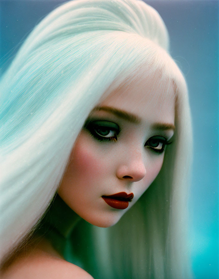 Portrait of woman with ice-blue hair, green eyes, and red lips on blue background