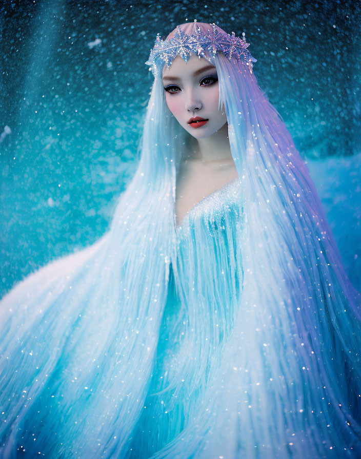 Ethereal ice queen doll with blue hair and crystal tiara in snowy scene