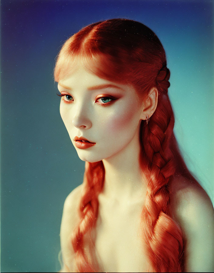 Portrait of Woman with Long Red Braided Hair and Green Eyes on Blue Background