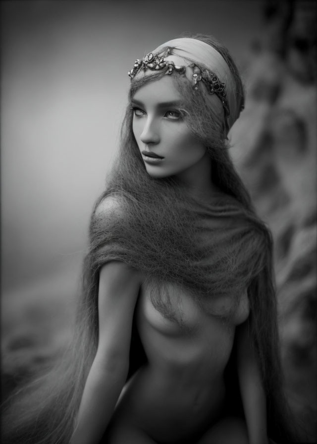 Monochrome portrait of woman with flowing hair and headpiece