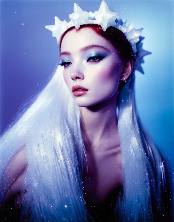 Woman with Silvery Hair and Star Accessories in Mystical Blue Light