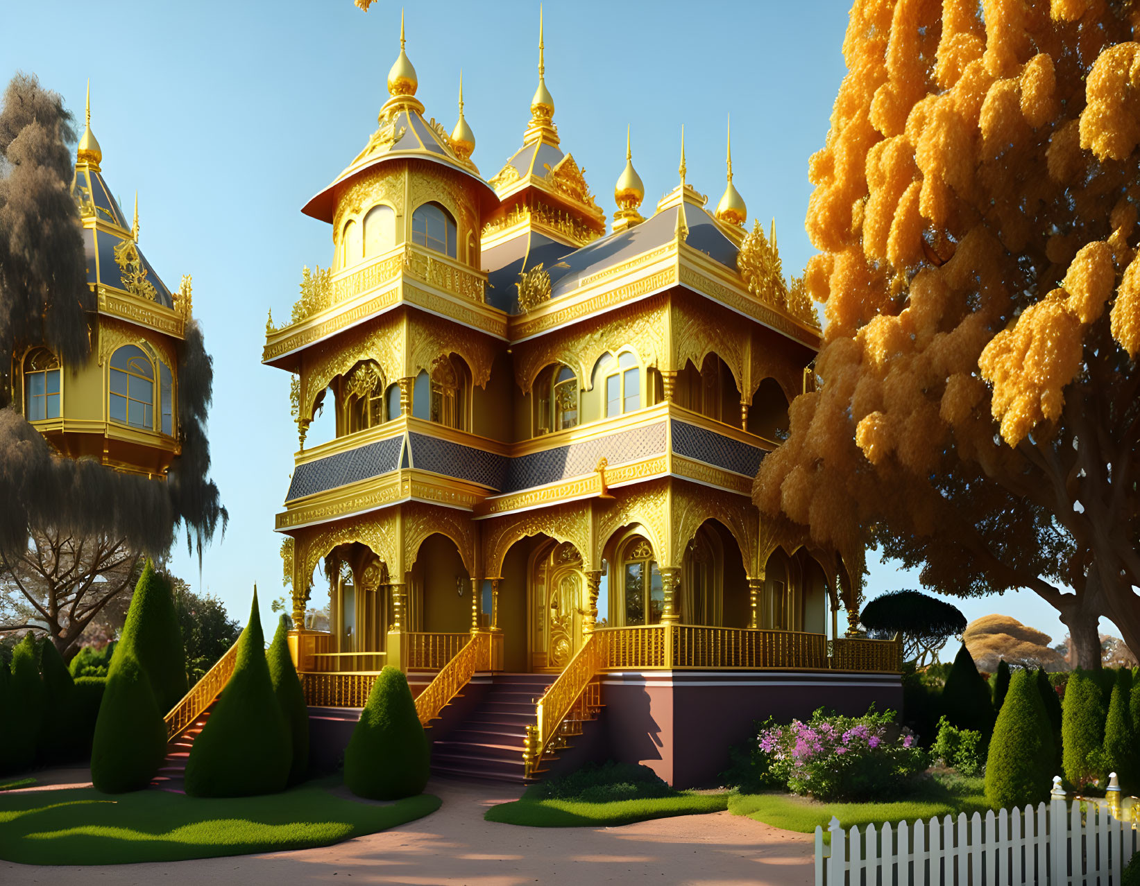 Golden Traditional House Surrounded by Trees and Clear Sky