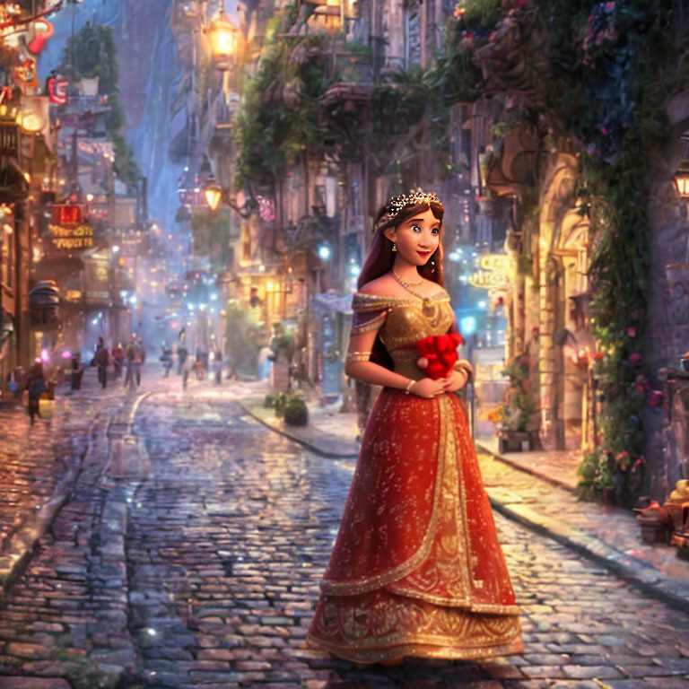 Animated princess in red and gold dress on cobblestone street at dusk with apple