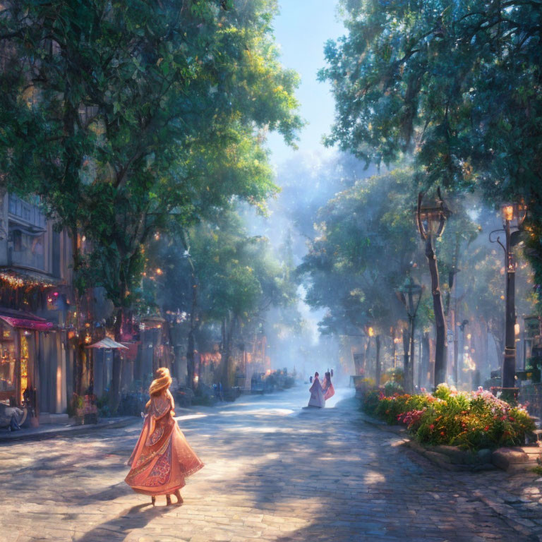 Traditional dress woman strolls cobblestone street with shops and trees