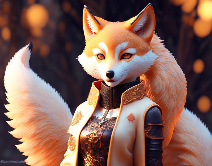 Anthropomorphic Fox Character in Ornate Jacket on Bokeh Background
