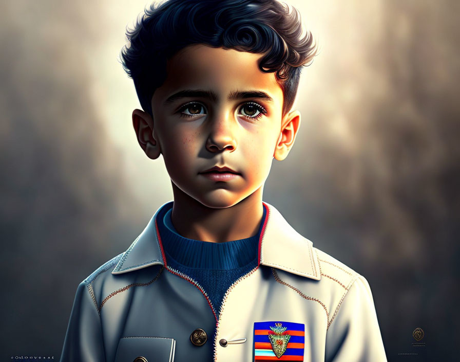 Portrait of young boy with dark curly hair in stylized uniform jacket.