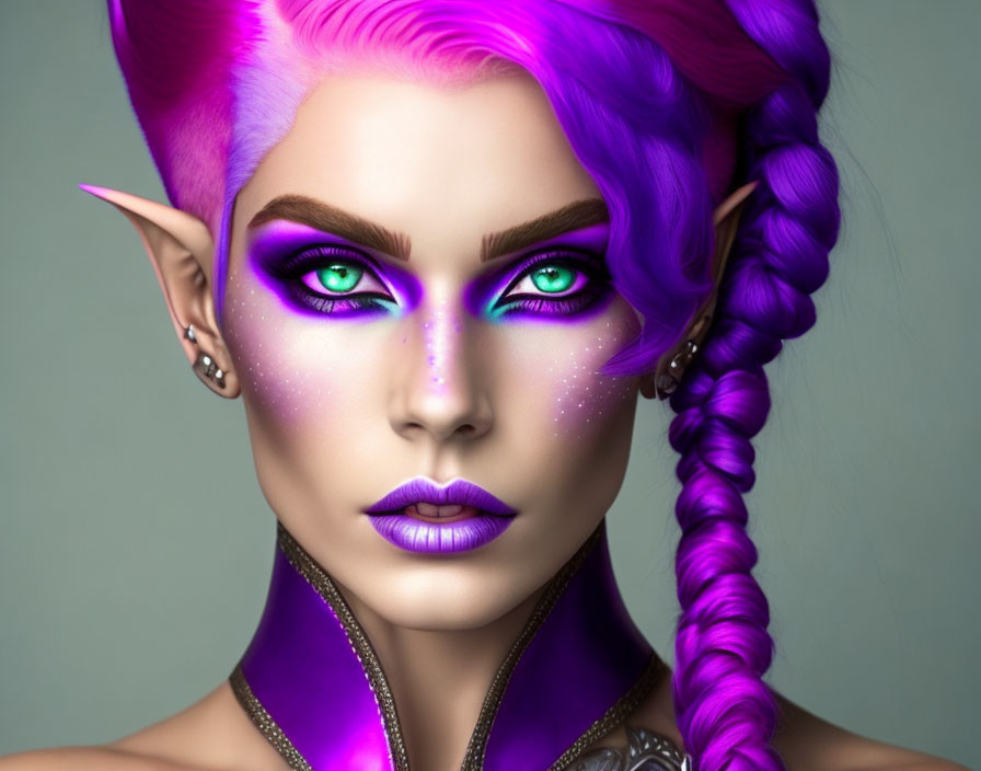 Vivid purple hair and makeup fantasy character with pointed ears and green eyes on muted green background
