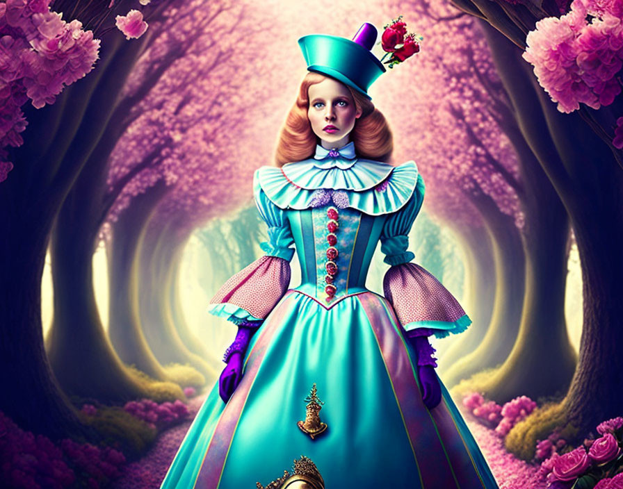 Victorian woman in blue dress and top hat in surreal pink forest