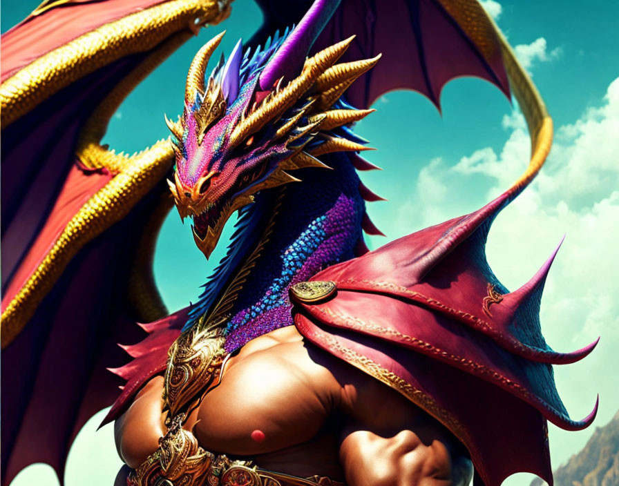 Fantasy scene with person in dragon armor under blue sky